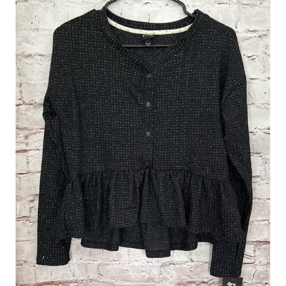 Art Class Girls 14/ 16 Black Silver Peplum Ruffle Waffle Knit Top Long Sleeve